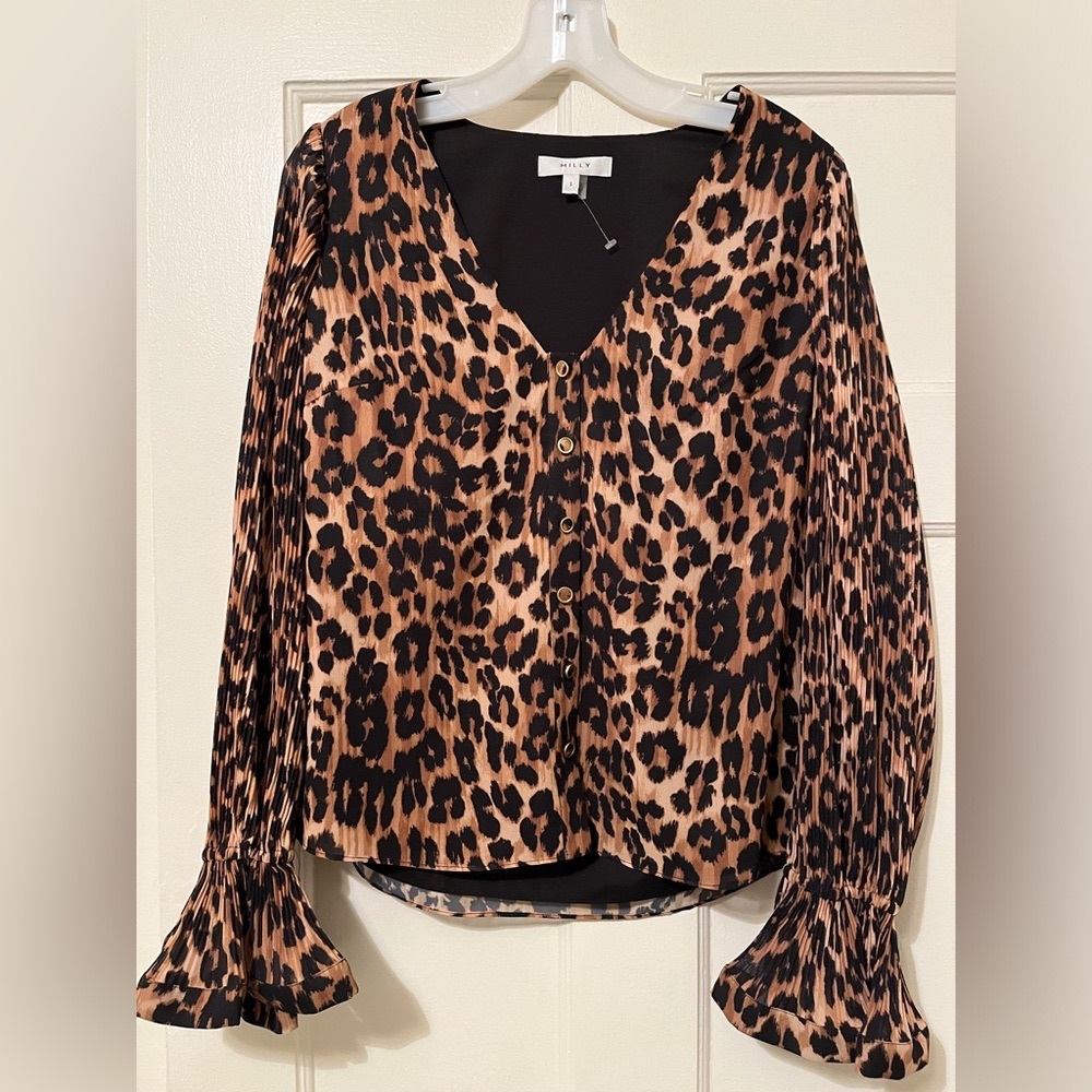 Milly Greer Pleated-Sleeve Leopard Print Blouse